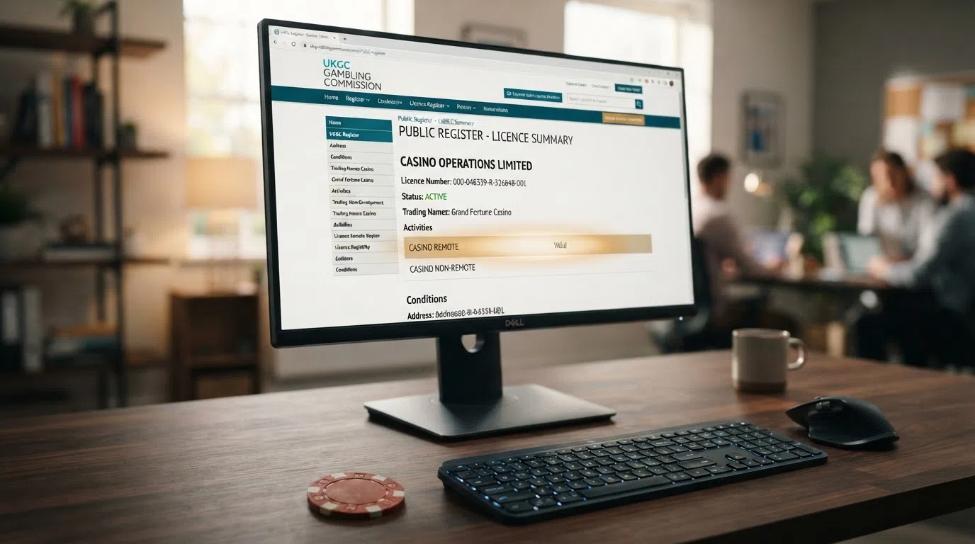 A desktop browser window open to the UK Gambling Commission public register, showing a casino's active operating licence entry with the account number, licence status and Casino Remote activity field highlighted