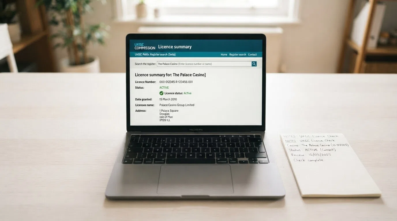 A screenshot of the Gambling Commission public register search page with a casino name entered, showing the licence status result, on a clean white background