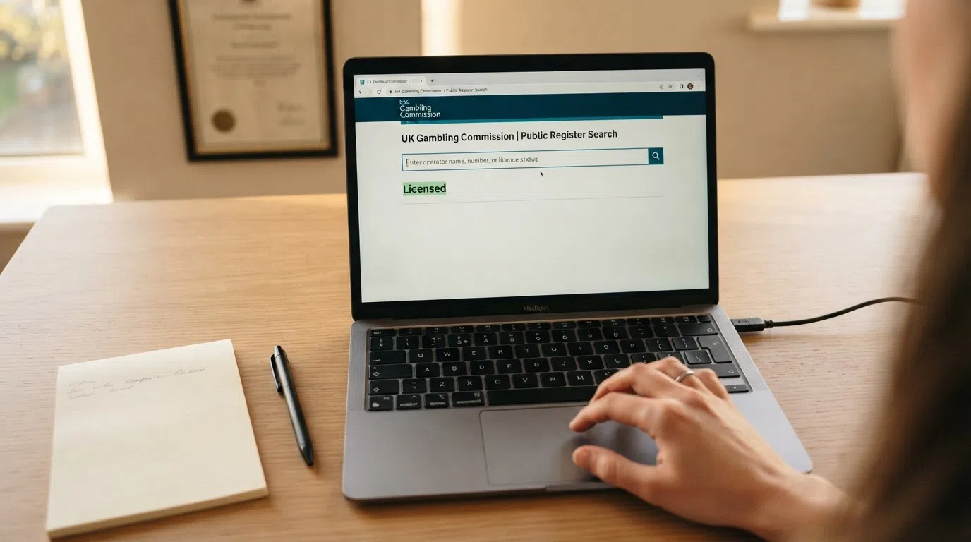The UK Gambling Commission public register search bar with a "Licensed" status result displayed for a casino operator