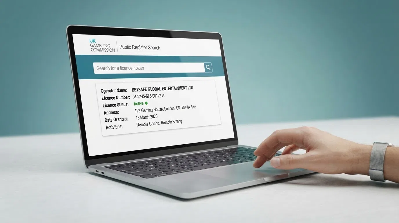 The UK Gambling Commission public register search interface showing a casino operating licence entry with status “Active”