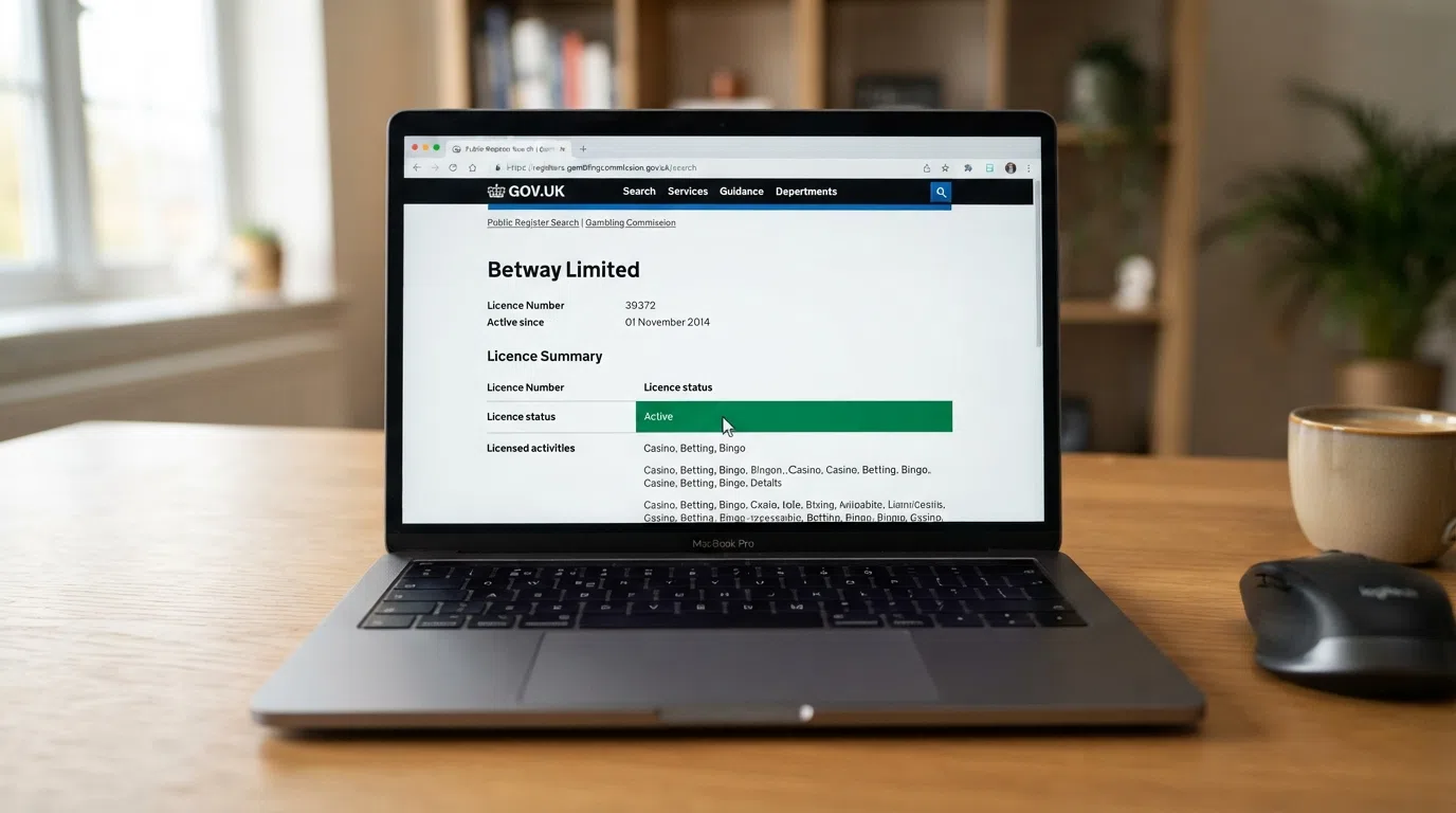 A laptop screen displaying the Gambling Commission public register search page, the cursor hovering over a licence-status result showing “Active,” the GOV.UK domain visible in the browser bar