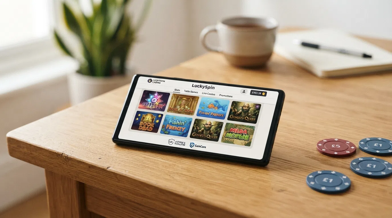 A smartphone screen showing a UK-licensed casino game lobby with the Gambling Commission licence number, deposit-limit link and reality-check icon visible in the page footer