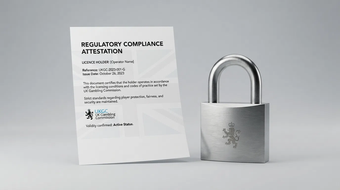 The UK Gambling Commission logo or a stylised representation of a regulatory certificate alongside a padlock icon, on a clean white or navy background.