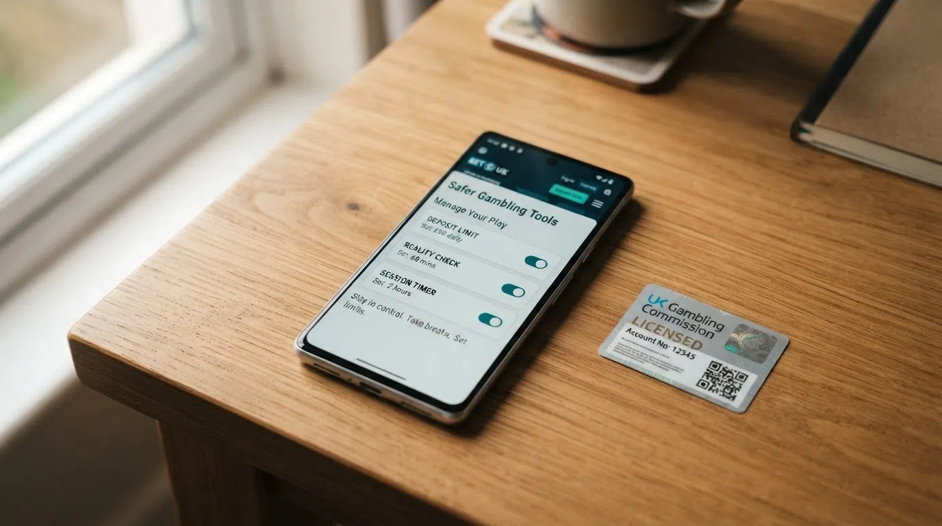 A UK Gambling Commission licence badge displayed next to a smartphone screen showing in-account safer-gambling tools — deposit limit, reality check and session timer toggles.