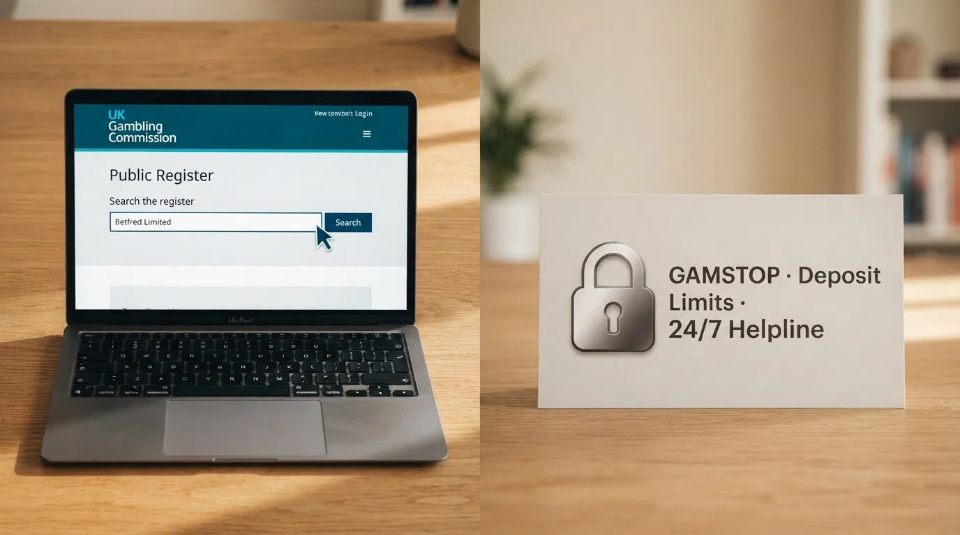 A split visual: on one side, the UKGC logo and a Gambling Commission public-register search bar; on the other, a lock icon beside the words “GAMSTOP · Deposit Limits · 24/7 Helpline”