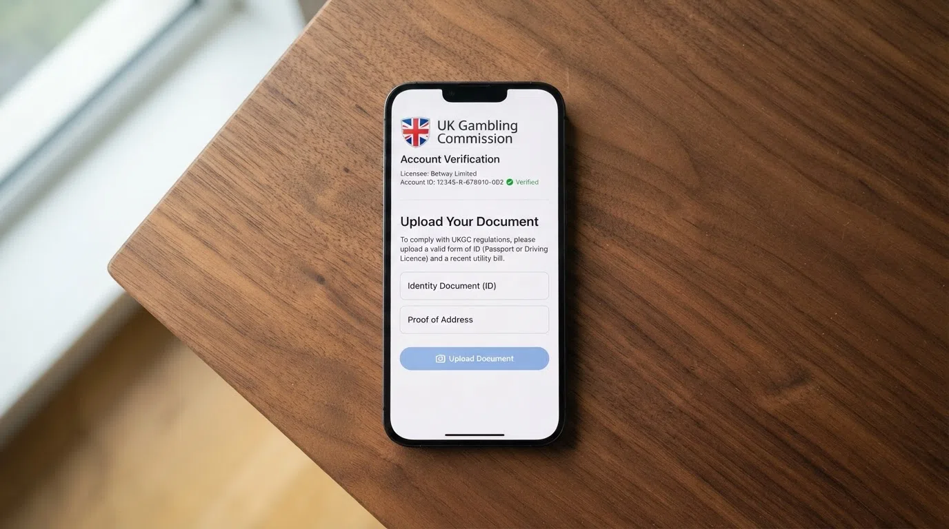 A close-up of a smartphone screen showing a UKGC licence-number badge and an identity-document upload prompt on a casino registration page