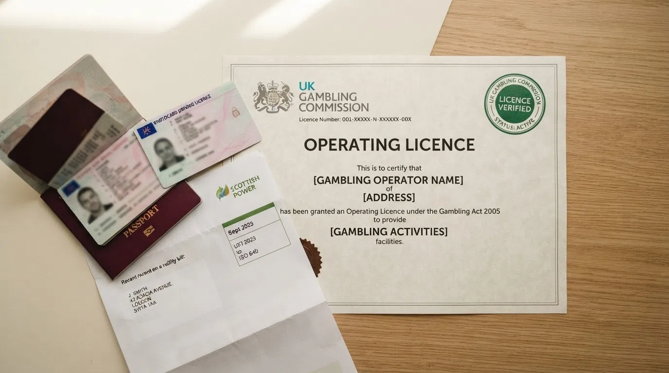 A UK Gambling Commission licence certificate next to three identity-document icons — a passport, a driving licence and a utility bill — with a green verified stamp overlay