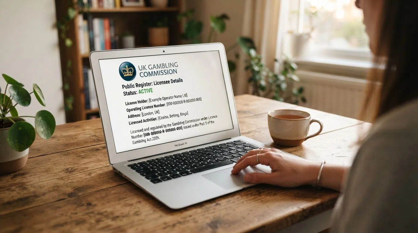 The UK Gambling Commission logo with a licence number and the Gambling Act 2005 citation on a casino website footer