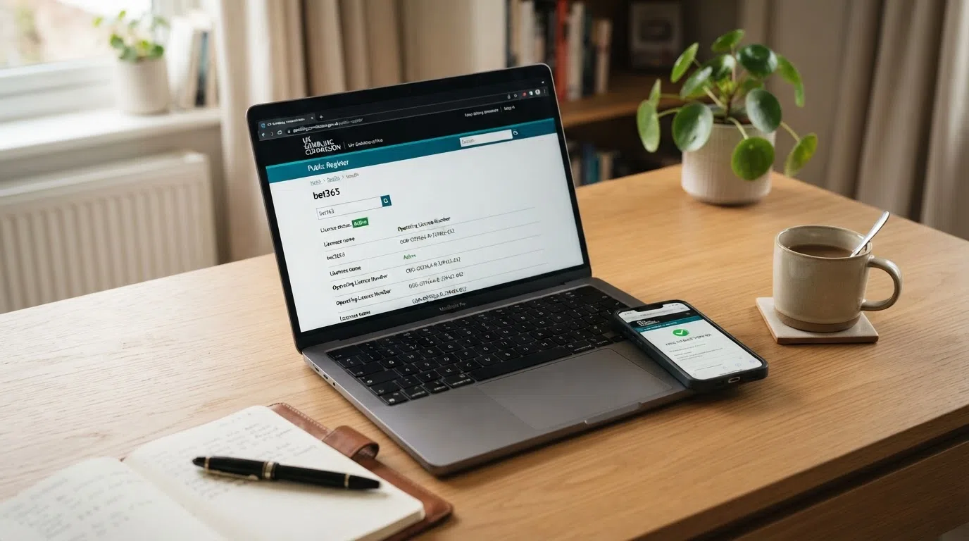 A UK Gambling Commission logo alongside a smartphone screen showing the public register search page with a licence number entered in the search field