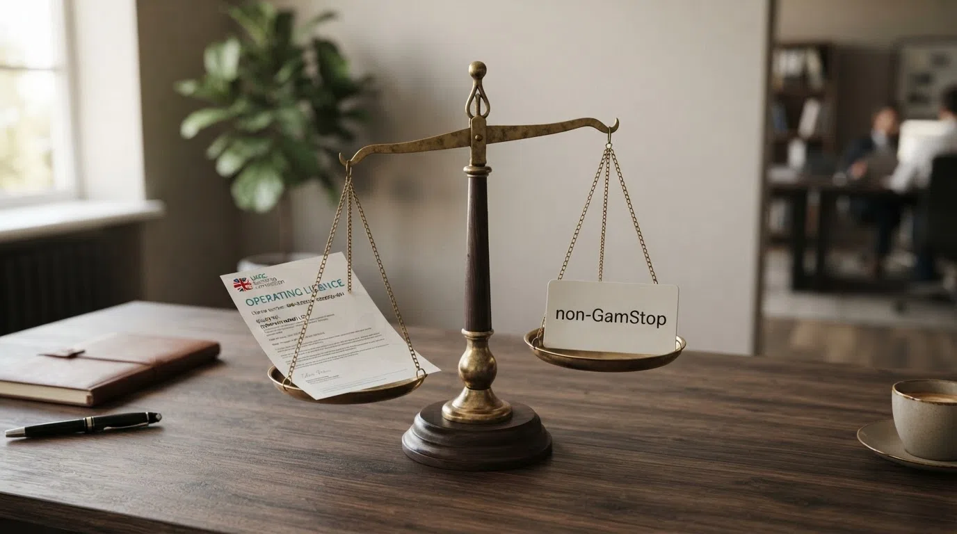 A scale weighing a UKGC licence against a casino sign reading non-GamStop