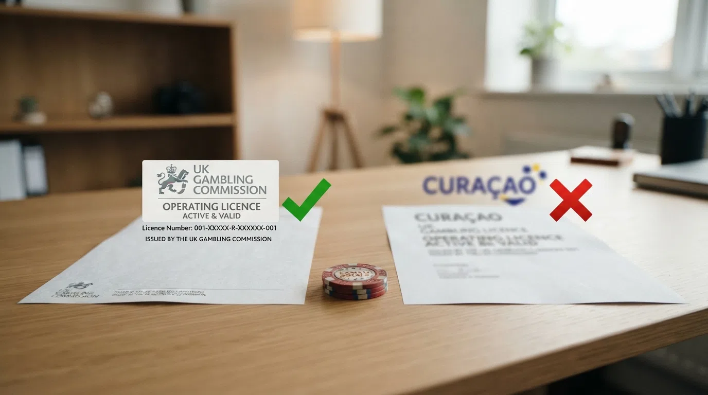 A side-by-side comparison visual — a UKGC licence badge with checkmarks for GAMSTOP, KYC and the 10× cap on one side, a Curaçao licence document with crosses on the other
