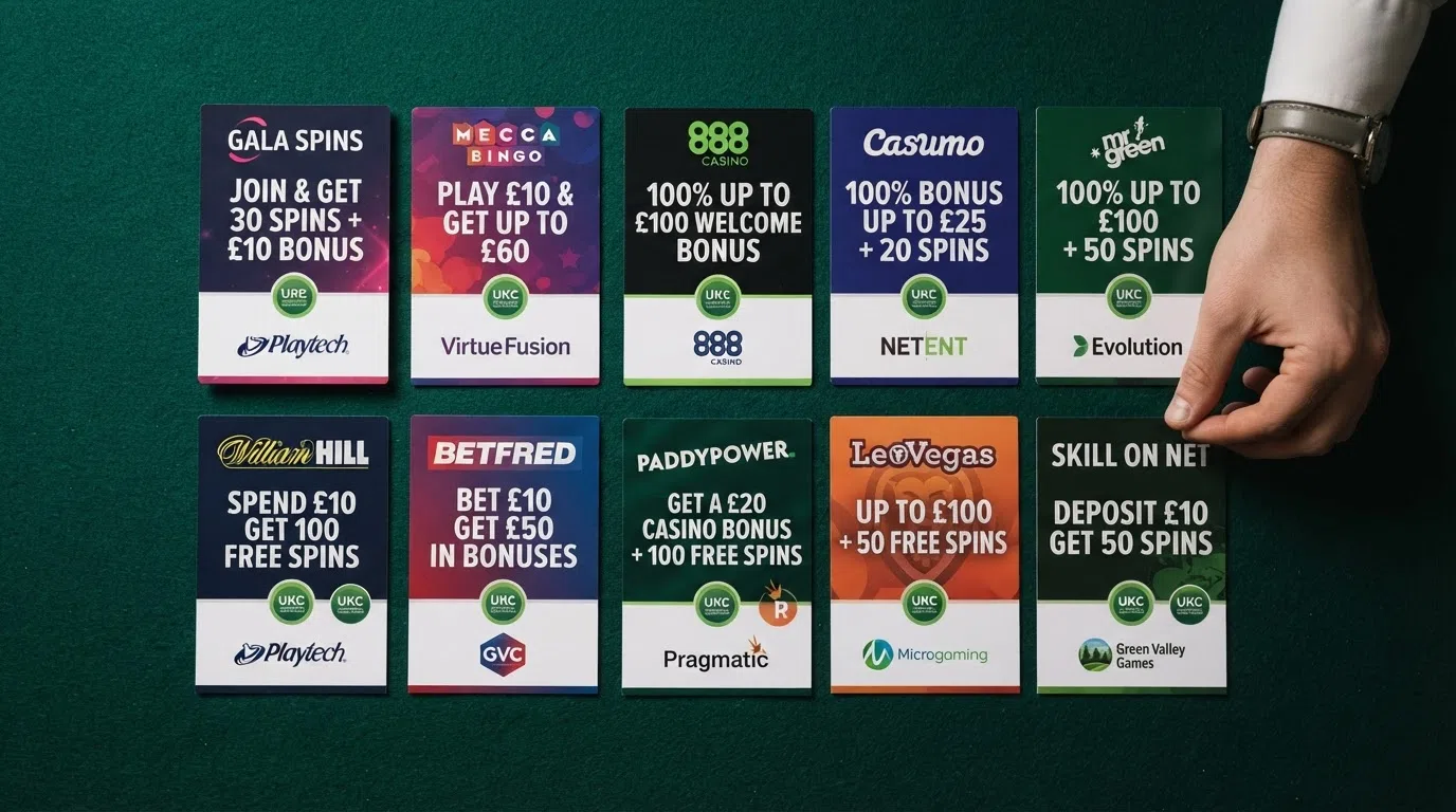 Ten UK casino brand cards arranged in two rows of five, each showing its welcome-offer headline, a green UKGC licence badge and a Microgaming provider logo