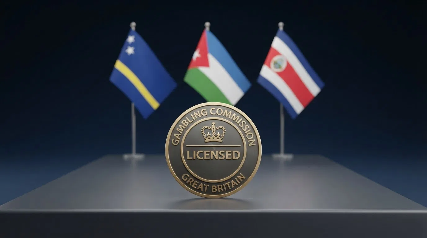 A Gambling Commission seal set apart from a row of offshore jurisdiction flags