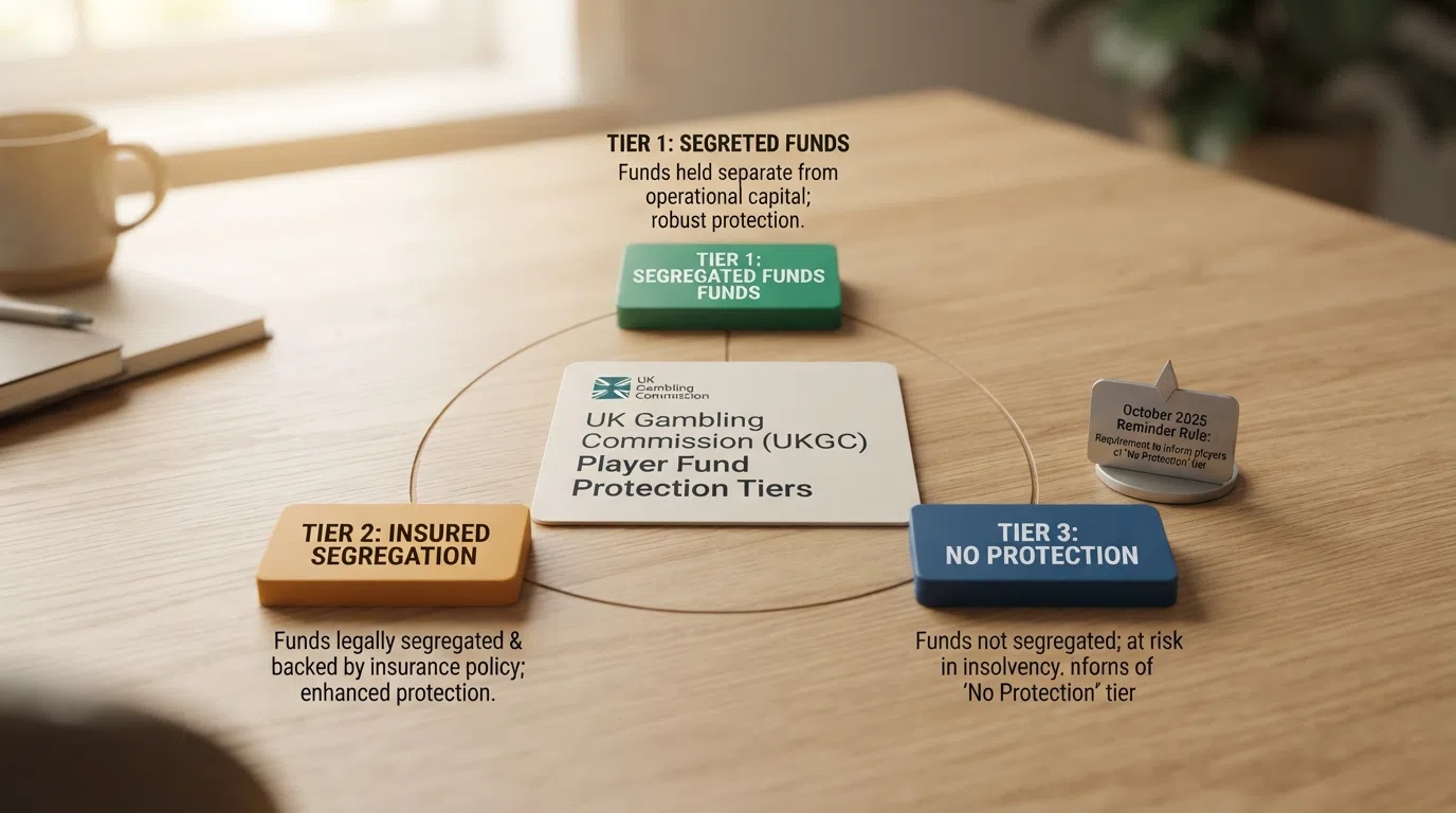 A UK Gambling Commission logo beside three labelled tiers — segregated funds, insured segregation, and no protection — with a calendar marking the October 2025 reminder rule