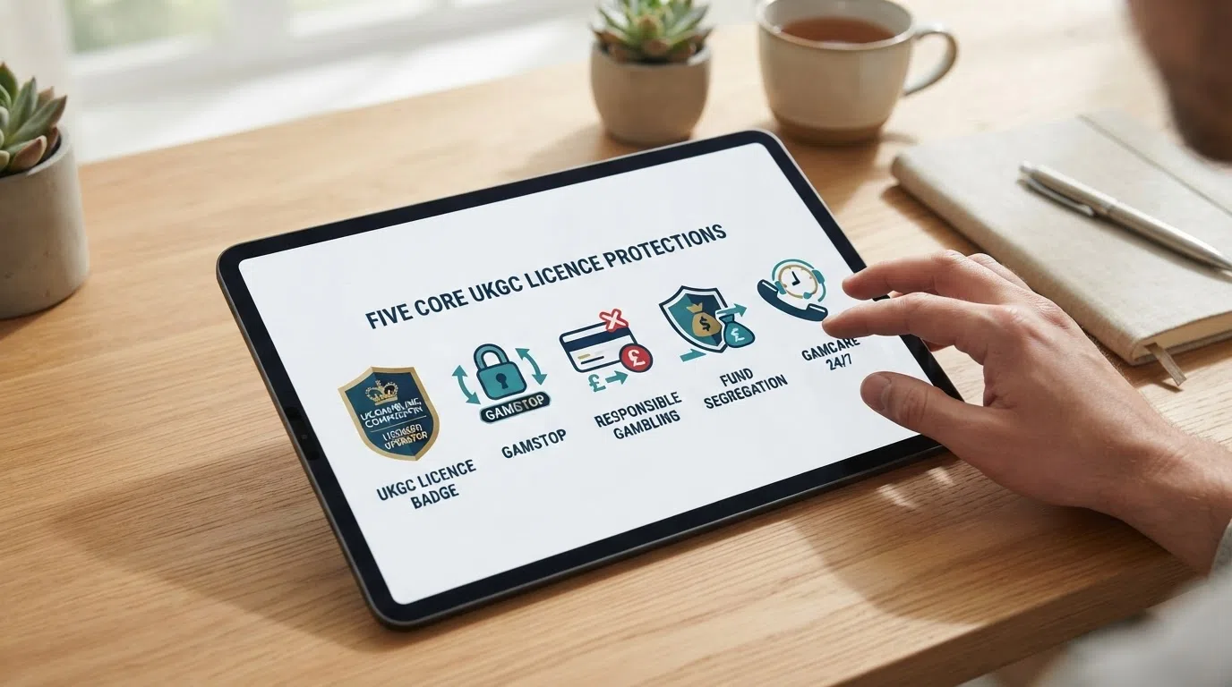 A clean infographic showing five protection icons in a horizontal row: a licence badge, a padlock labelled “GAMSTOP”, a credit card with a red cross through it, a shield marked “Fund Segregation”, and a phone icon labelled “GamCare 24/7”