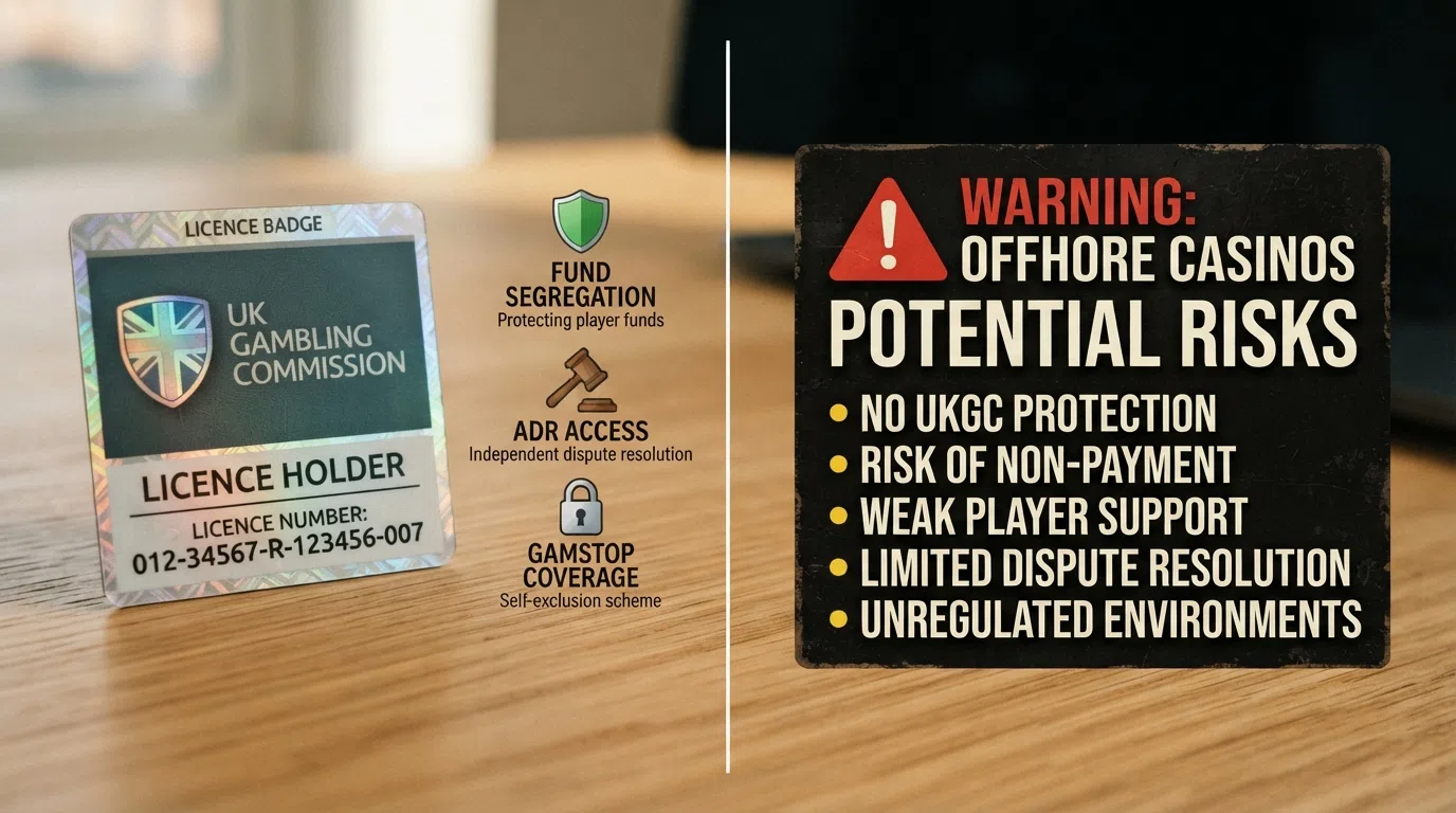 A split visual contrasting UKGC licence badges and player-protection icons on one side with an offshore casino warning on the other