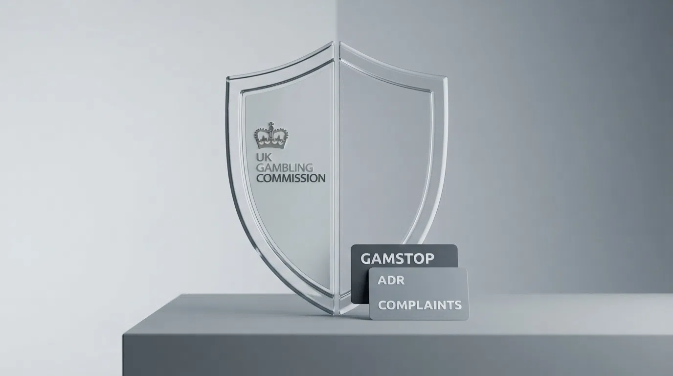 A UK Gambling Commission logo beside greyed-out cards labelled GAMSTOP, ADR and complaints
