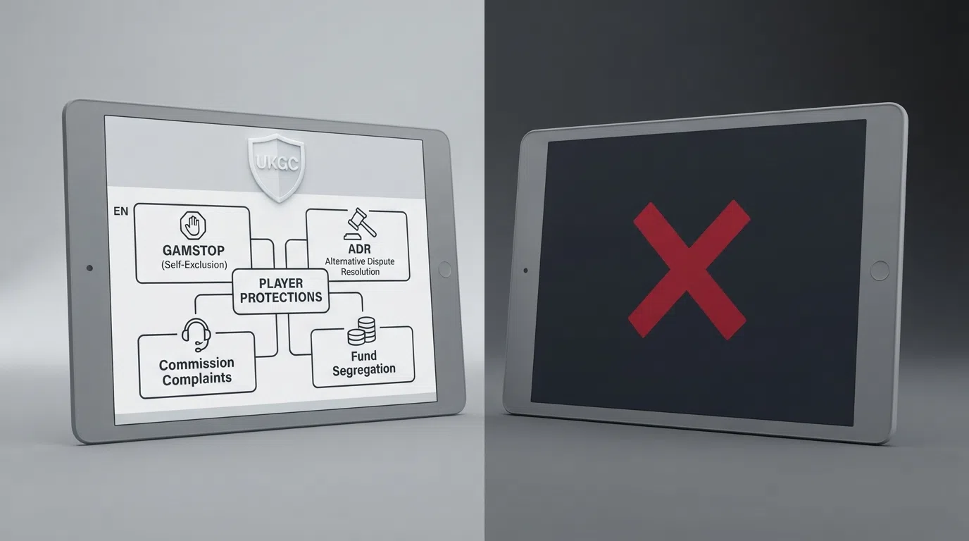 A side-by-side comparison diagram showing player protections available at UKGC-licensed casinos on one side (GAMSTOP, ADR, Commission complaints, fund segregation) and their absence at offshore casinos on the other