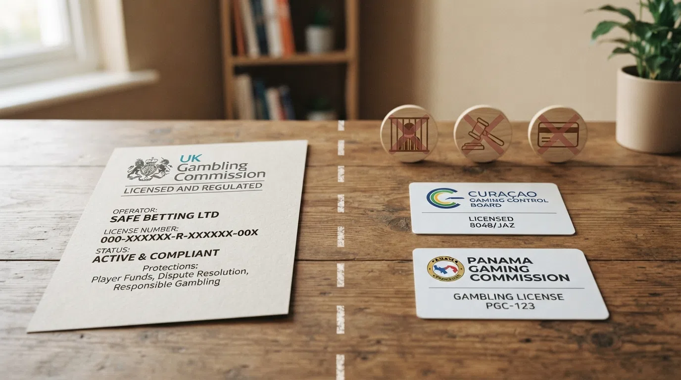 A UK Gambling Commission logo on the left separated by a dashed line from offshore licence badges — Curaçao and Panama — on the right, with crossed-out icons for GAMSTOP, ADR and credit card ban on the offshore side