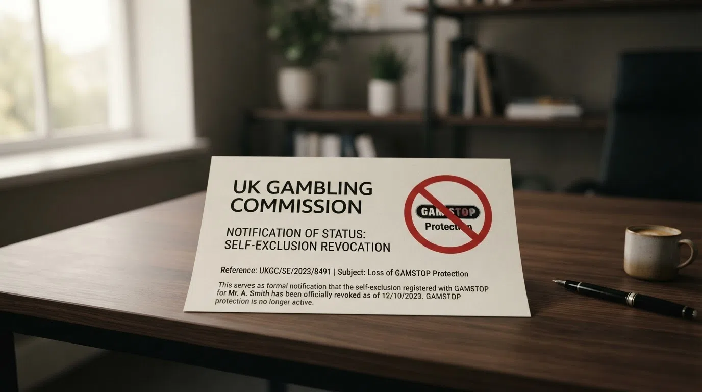 A UK Gambling Commission logo beside a crossed-out self-exclusion marker
