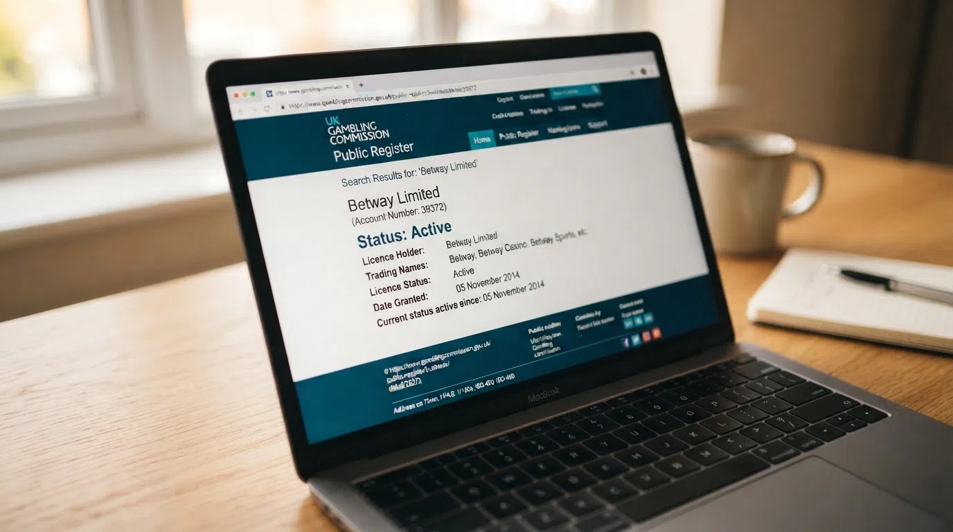 The UK Gambling Commission public register webpage showing a search result for an operator with the licence status field reading active and the licence number visible, on a screen also showing the Commission's logo