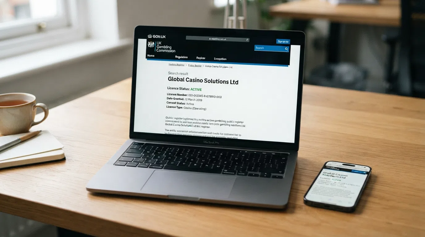 The UK Gambling Commission public register website displaying an operator's active licence status and licence number