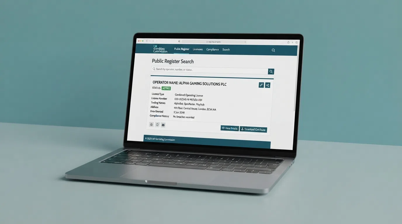 A close-up of a laptop screen displaying the Gambling Commission public register search interface, with a licence-holder result card visible showing the operator name, licence number and status.