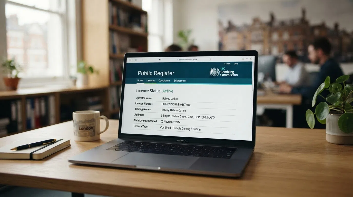UK Gambling Commission online public register search interface showing a licensed operator's record and licence details