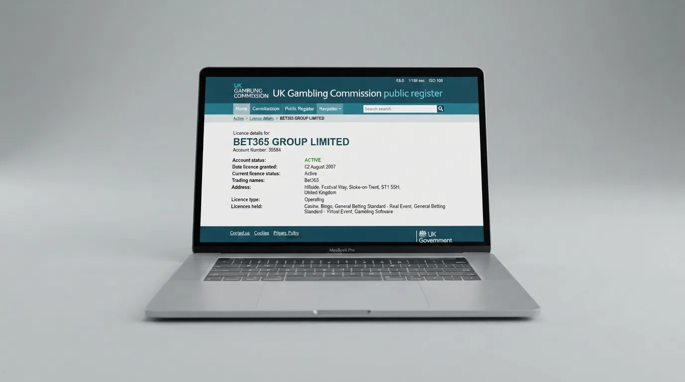 The UK Gambling Commission public register search page showing a licensed operator's entry with account number, trading names and licence status