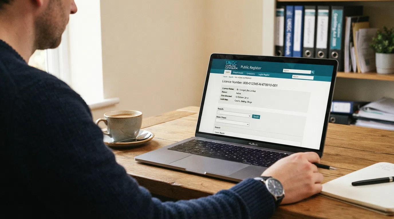 A screenshot of the UK Gambling Commission public register search page with a casino licence entry and its status visible