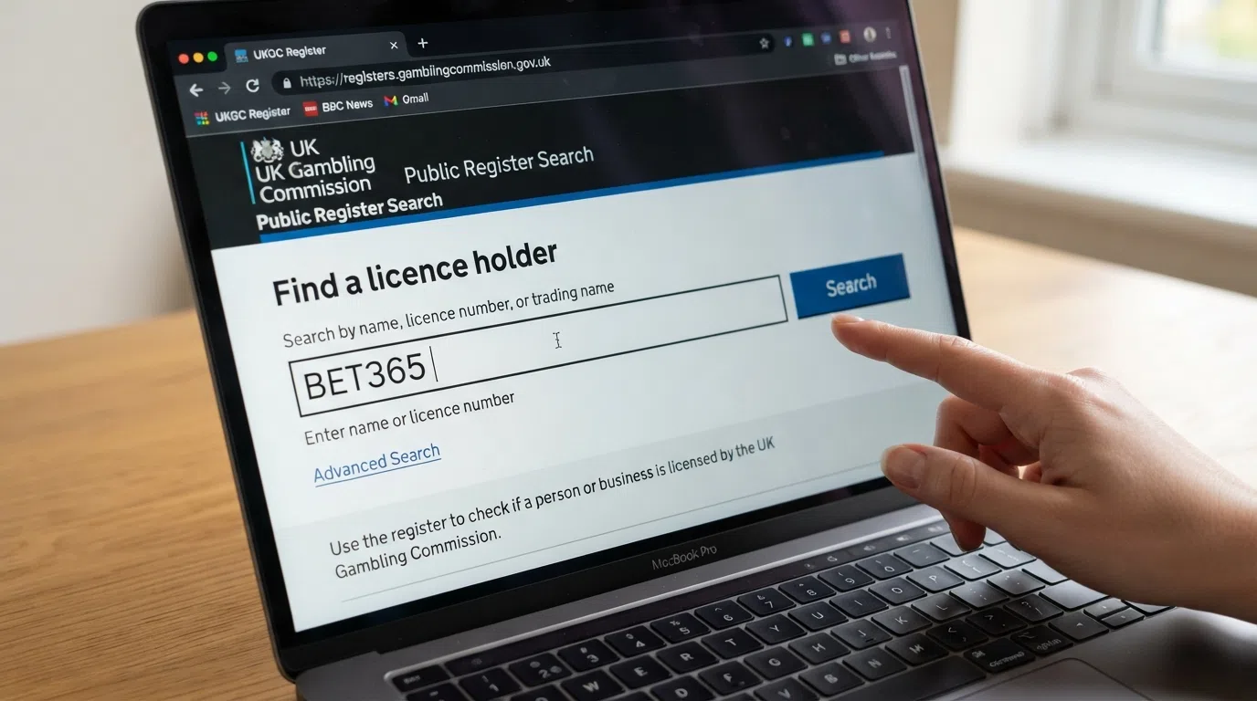 A close-up browser window showing the UK Gambling Commission public register search page with a casino trading name typed into the search field and the search button highlighted