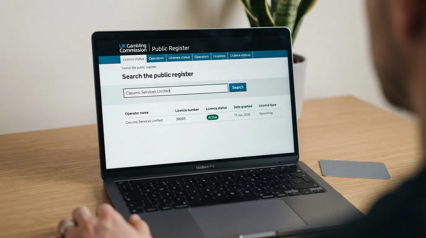 A close-up of the UK Gambling Commission public register search screen with a casino name entered in the search field and the licence-status result visible