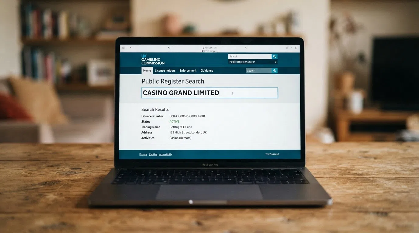A close-up of the UK Gambling Commission public register search bar with a licence-holder name entered