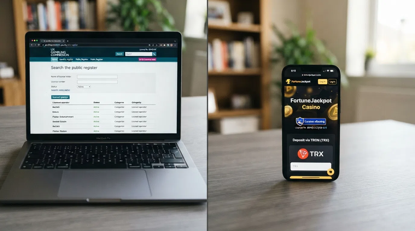 A split-frame comparison: the official UKGC public register webpage on one side and an offshore casino homepage displaying a Curaçao licence badge on the other