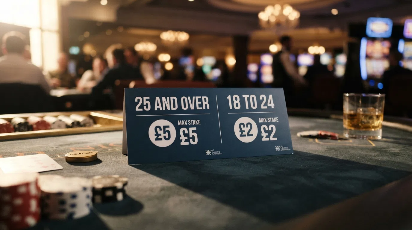 A simplified graphic showing two age-bracket labels — 25 and over beside a £5 icon, 18 to 24 beside a £2 icon — under the heading “Online slots stake limit per game cycle”