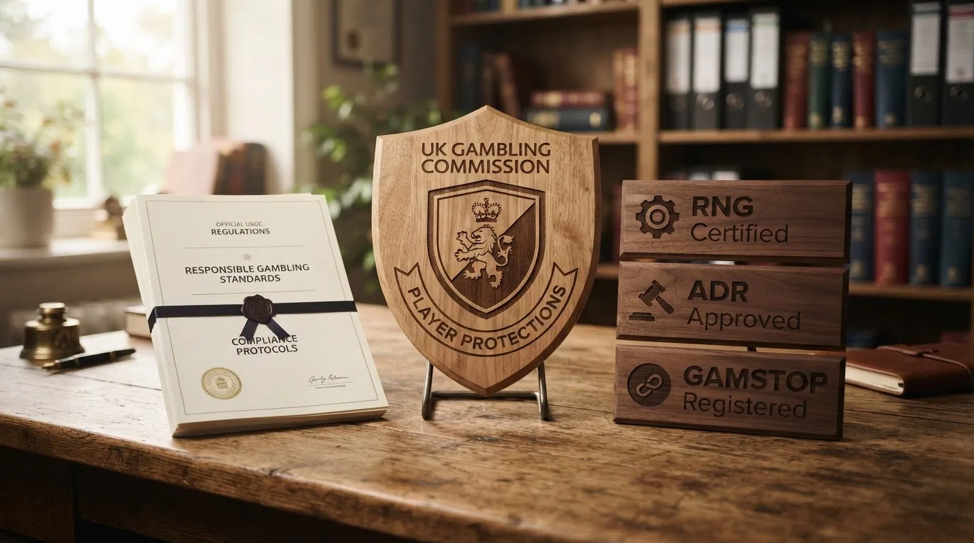 A simplified visual showing the key UKGC player protections — the Gambling Commission logo, a shield icon, and labels for RNG certification, ADR and GAMSTOP