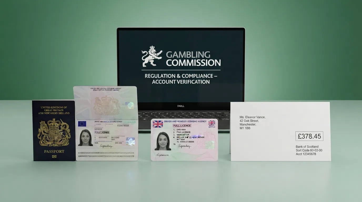 A British passport, a UK driving licence and a household utility bill laid flat on a desk, with the Gambling Commission logo visible on a screen behind them