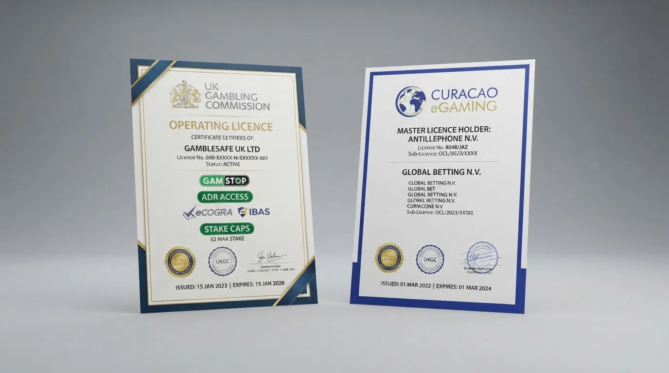 Two licence certificates placed side by side — a UK Gambling Commission licence on the left and a Curacao eGaming licence on the right, with key protection labels highlighted in green on the UKGC side and absent on the Curacao side