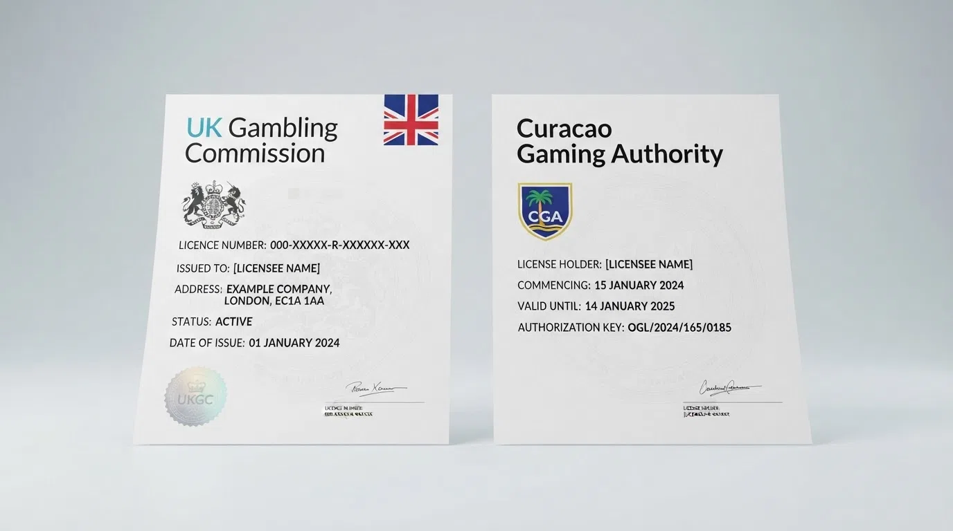 Two licence documents side by side, one marked UK Gambling Commission and one marked Curacao Gaming Authority