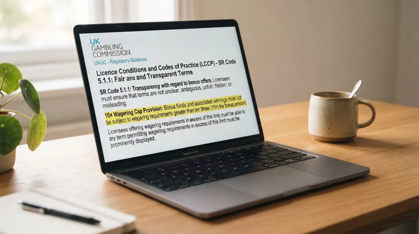 The UK Gambling Commission regulatory notice text for LCCP SR Code 5.1.1, with the 10× wagering cap provision highlighted