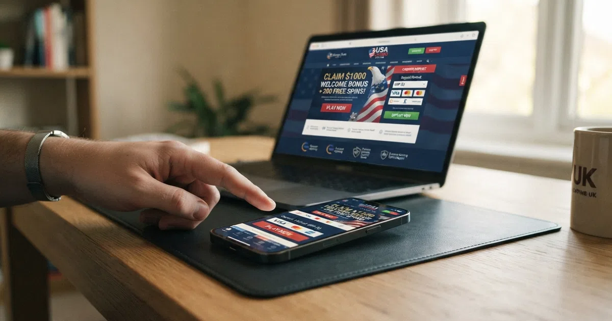A browser window showing a USA-facing online casino homepage with a welcome bonus banner, a GBP deposit option and offshore licence badges in the footer