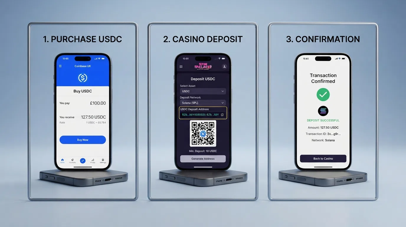 A three-step infographic showing the USDC casino deposit sequence — buy USDC at an exchange, send it to a casino wallet address, confirm the transaction on the blockchain