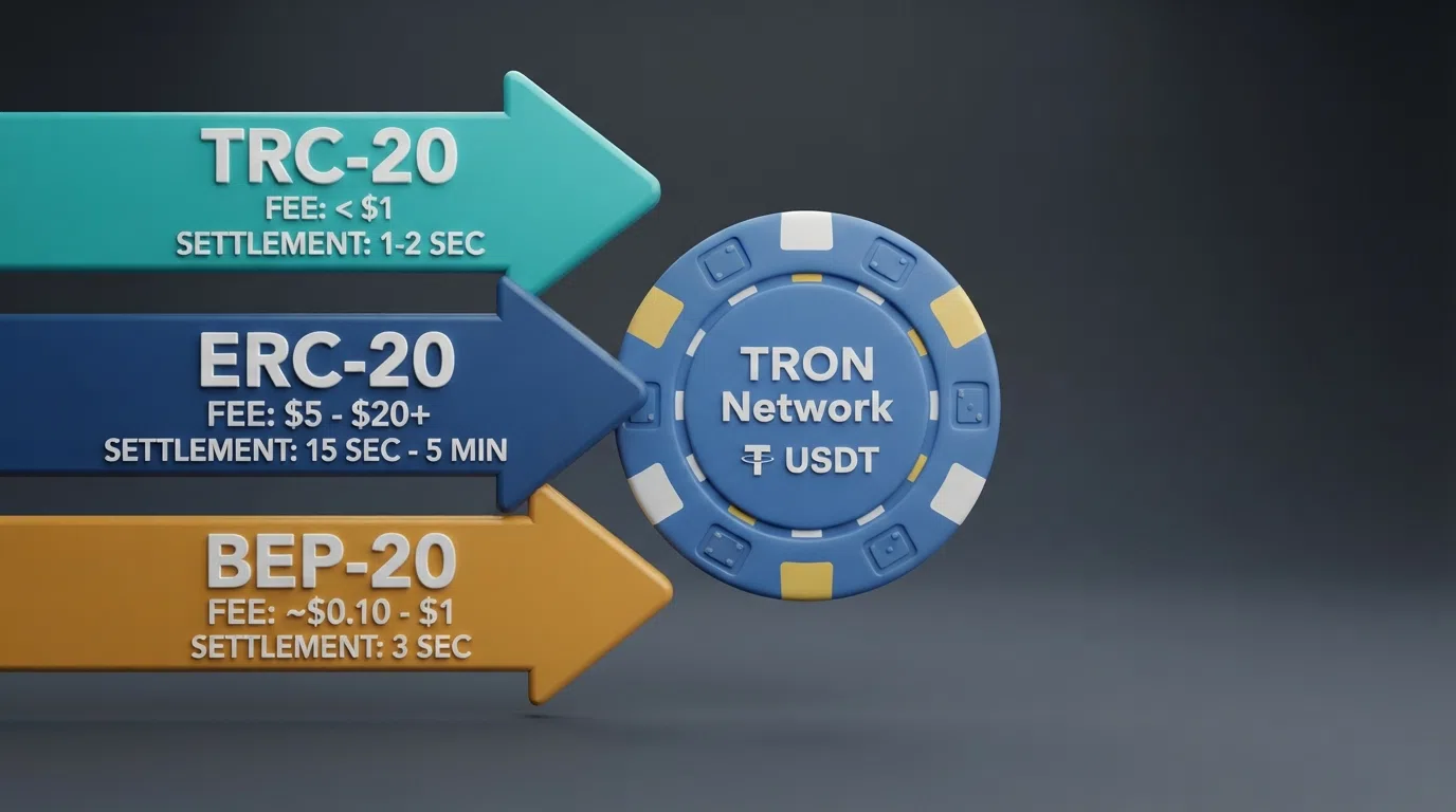 Three stylised network-path arrows — TRC-20, ERC-20 and BEP-20 — each labelled with its typical fee and settlement time, converging on a casino chip