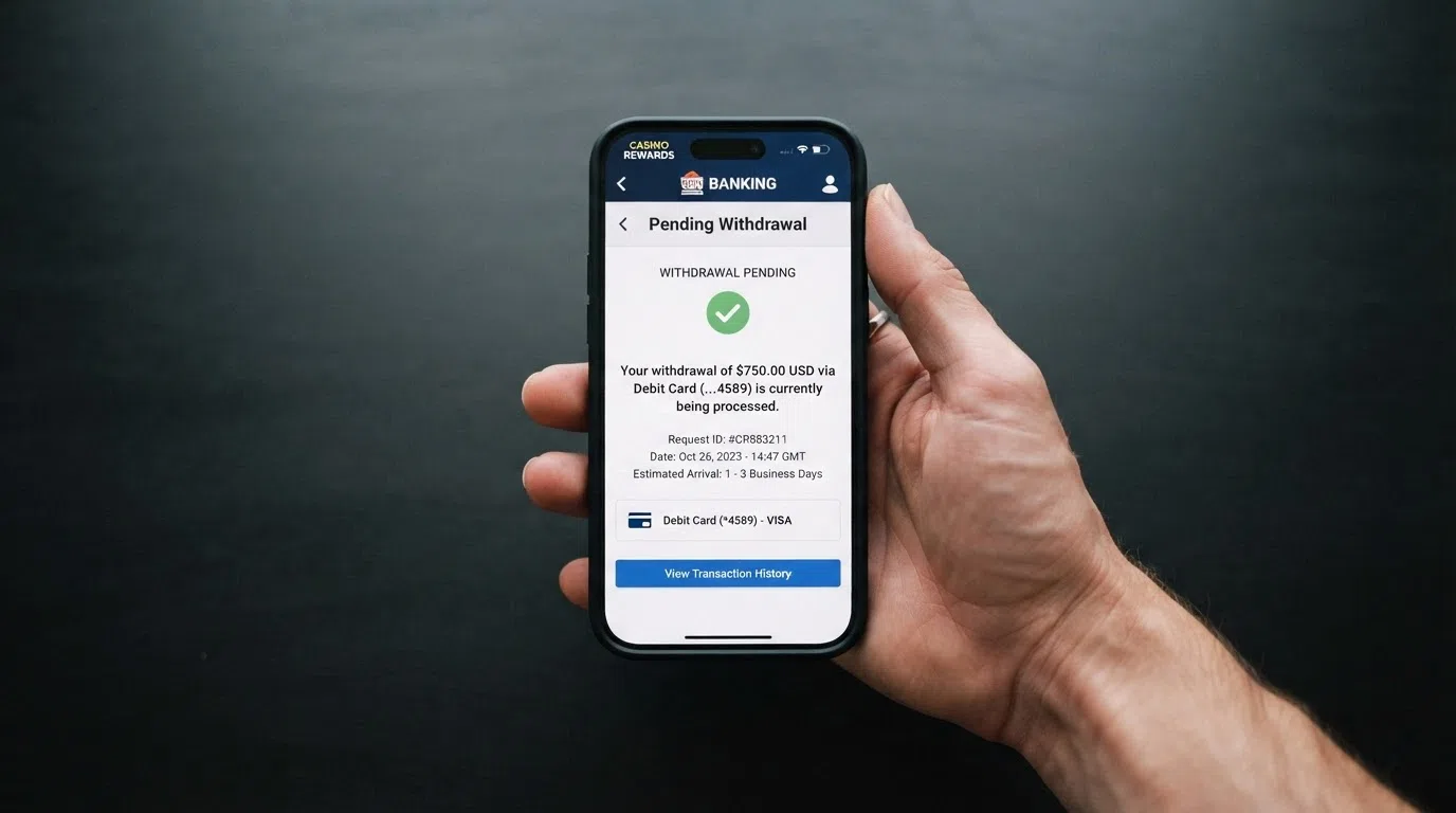 A smartphone showing a casino banking page with a pending debit card withdrawal and an estimated arrival time