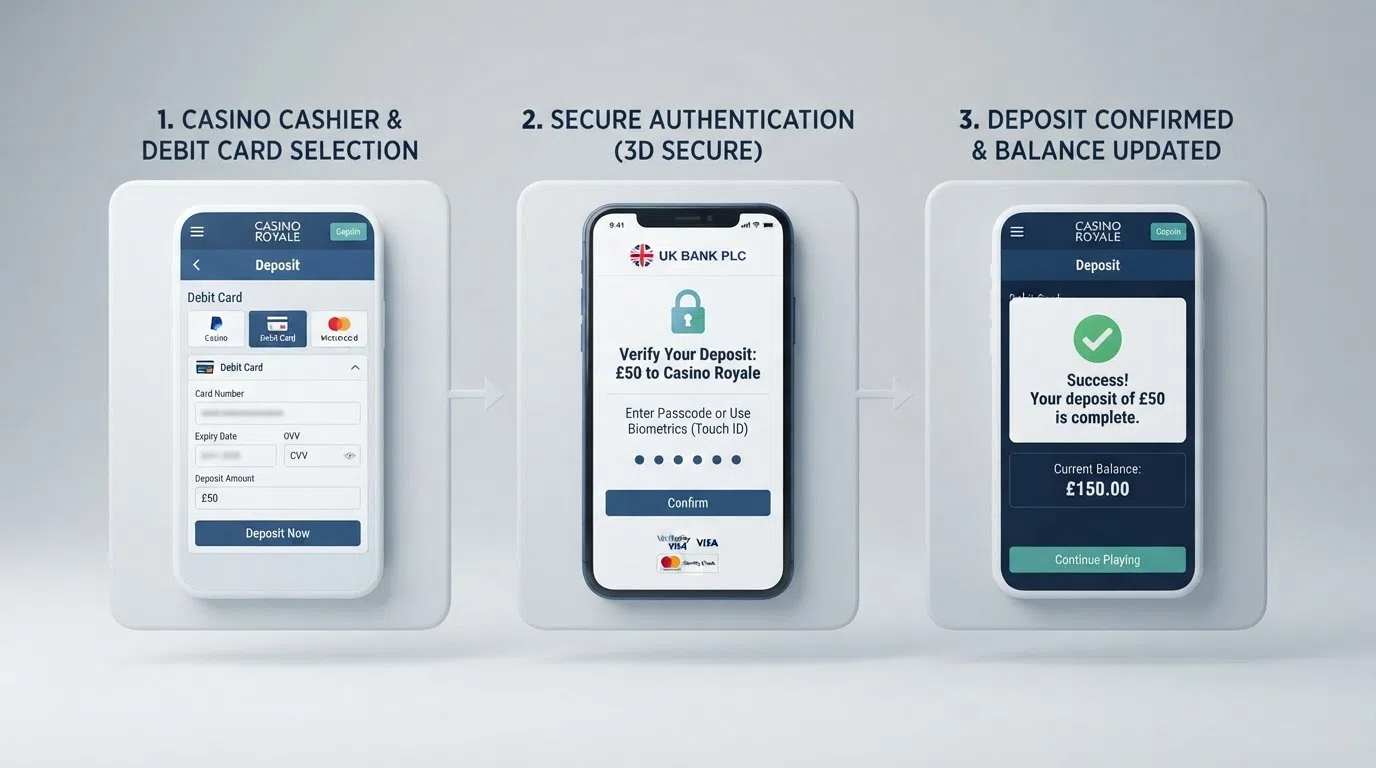 A step-by-step diagram of the Visa deposit journey: casino cashier → 3D Secure check → bank authorisation → funds in casino balance, with the approximate time at each stage