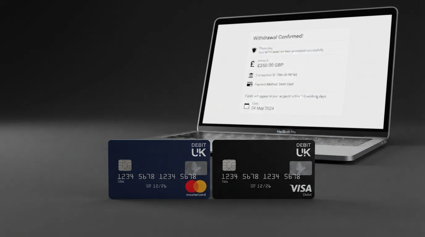 Two UK debit cards — one Visa and one Mastercard — placed side by side on a dark surface with a casino withdrawal confirmation screen visible on a laptop behind them