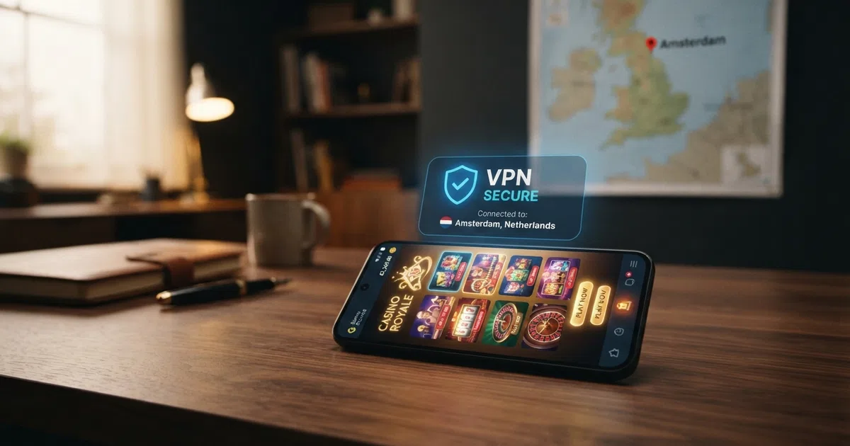 A laptop screen showing a casino lobby with a VPN connection-status overlay and a UK map in the background, the VPN server location marked outside Britain.