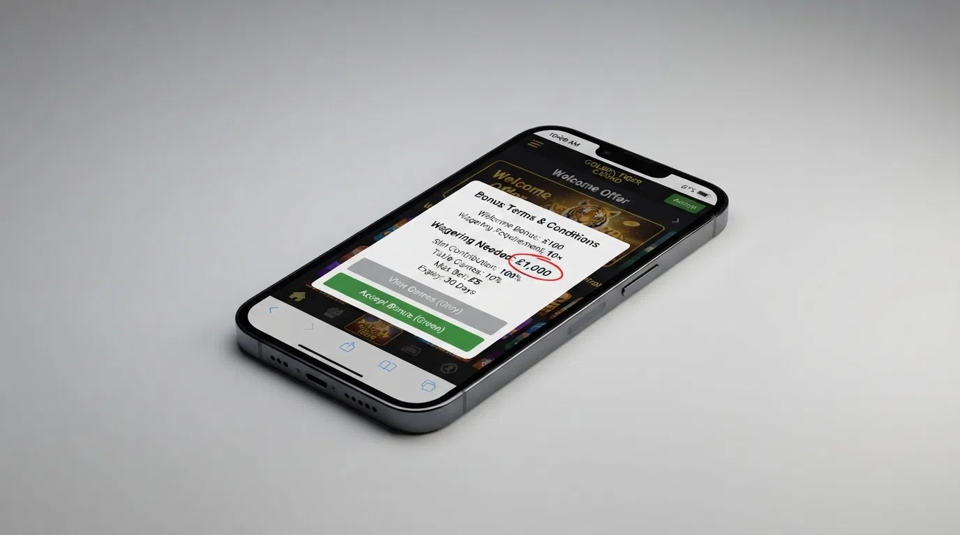 A casino bonus terms pop-up on a mobile screen with the wagering requirement and total turnover figure circled in red