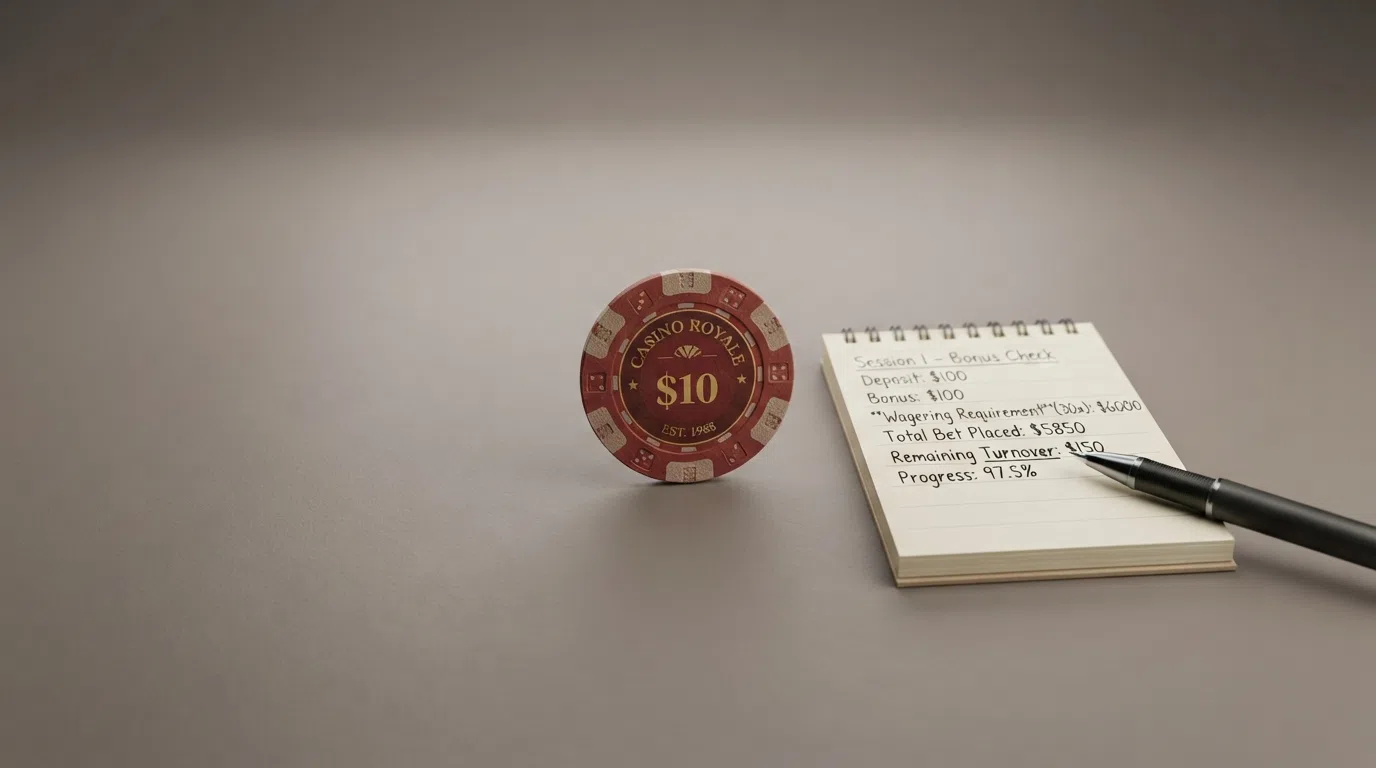 A close-up of casino bonus terms and conditions text with a wagering-requirement clause highlighted and a calculator beside it
