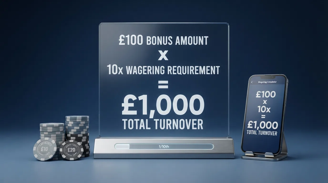 A wagering-requirement calculation showing a bonus amount multiplied by the wagering figure to produce the total turnover required before withdrawal